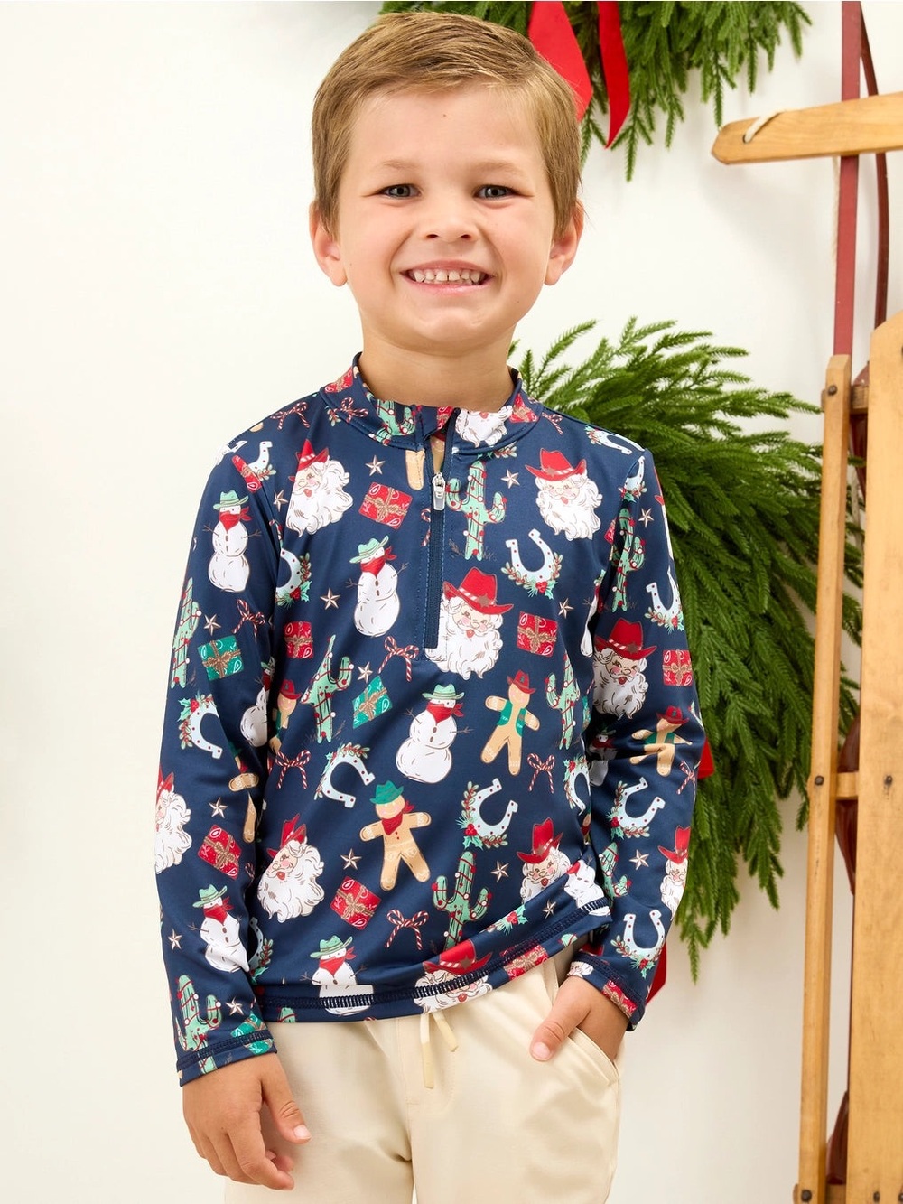 Ruggedbutts Boys Performance Quarter Zip Holiday Western Santa Giddy Up 2T 3T 5